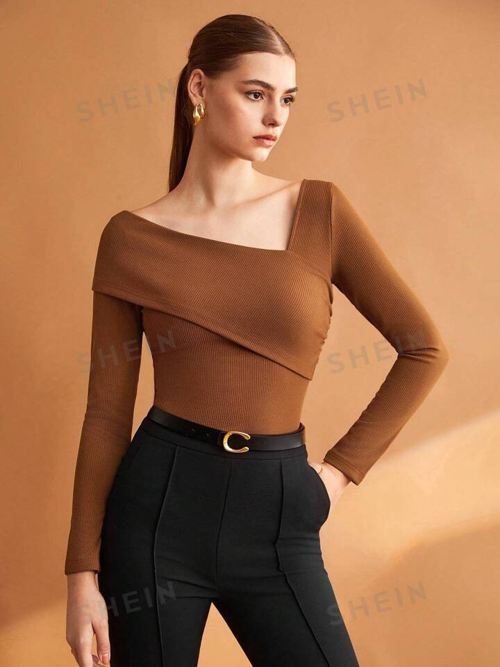SHEIN BIZwear Solid Brown Elastic Folded Asymmetrical Collar Women's Slim Fit Top T-Shirt | SHEIN