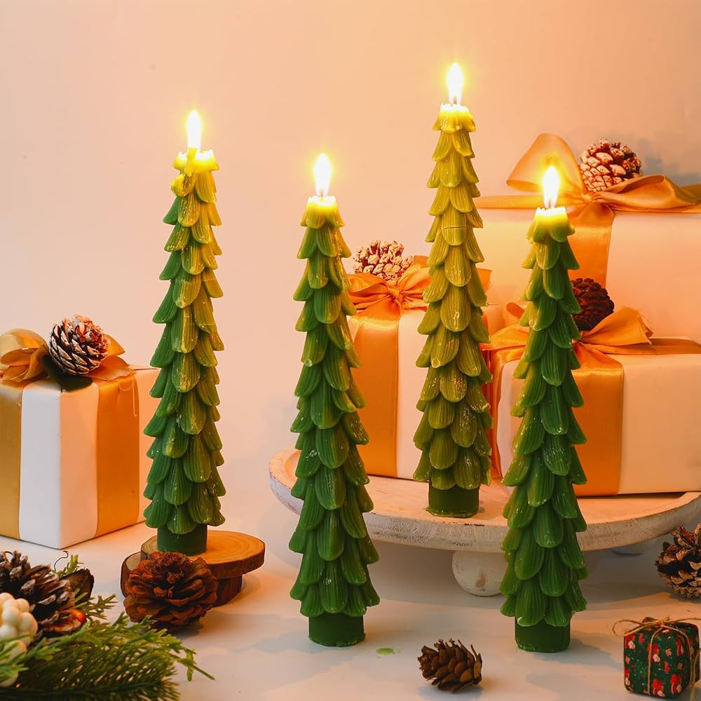 4 Pcs 10 Inch Christmas Tree Taper Candles Green Christmas Tree Shaped Taper Candles Xmas Eve Uns... | Amazon (US)