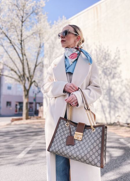 Spring fashion, cream coat, Gucci silk scarf, Gucci tote bag, beige sunglasses

#LTKstyletip #LTKitbag #LTKSeasonal