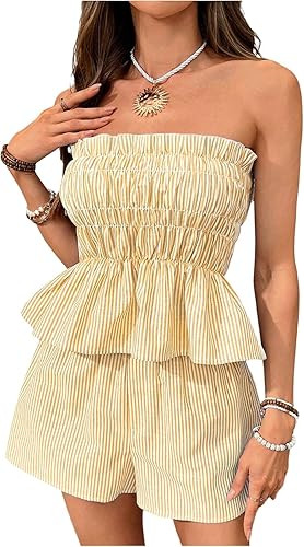 SOLY HUX Women's 2 Piece Summer Vacation Outfits Striped Shirred Ruffle Strapless Bandeau Tops an... | Amazon (US)