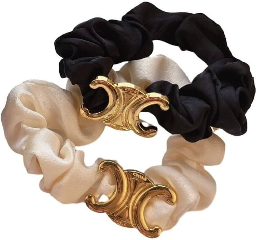 Scrunchies Black Glossy Satin Gold Rubber Band Large Intestine Scrunchie Small Set | Amazon (US)
