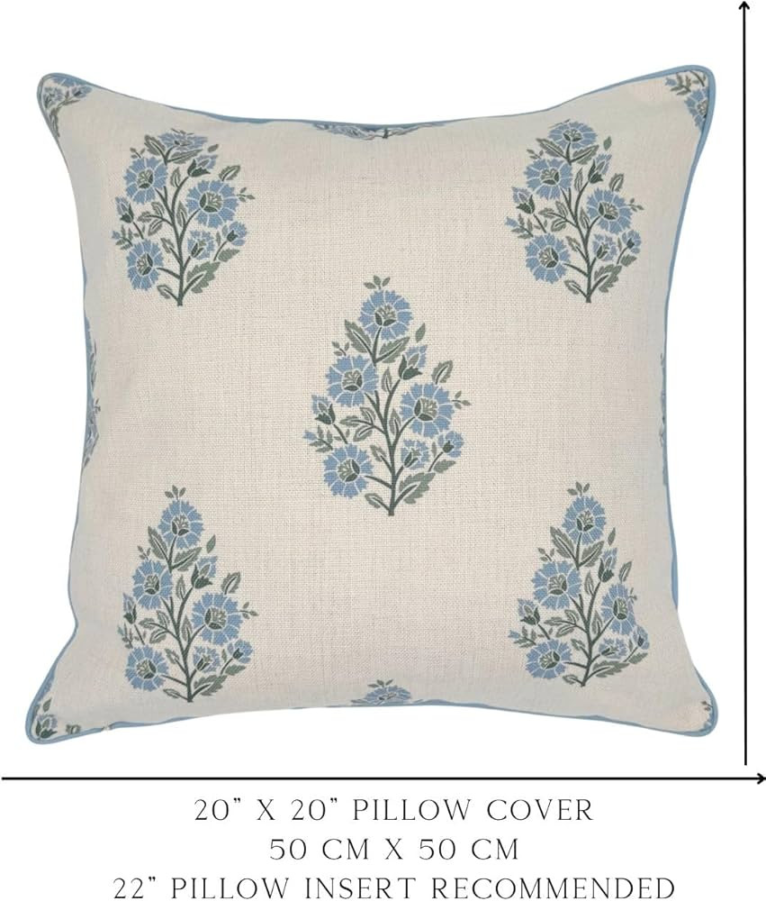 Floral Throw Pillow Cover Camille Blockprint 20"x20" 50 cm x 50 cm Grandmillennial Home Decor (20... | Amazon (US)