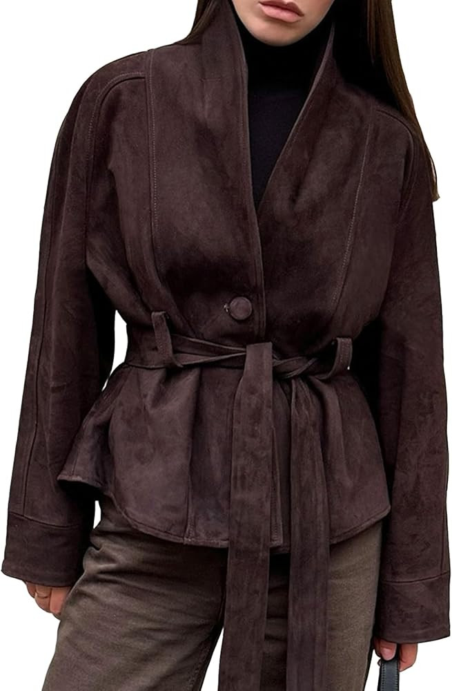 Womens Faux Suede Jacket with Belt Long Sleeve Button Down Belted Suede Leather Jacket Coats | Amazon (US)