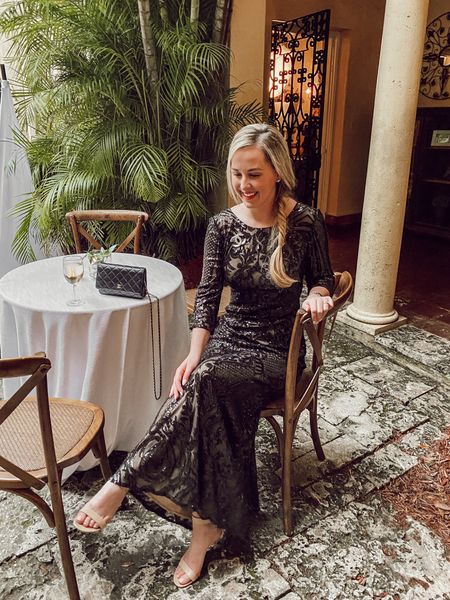 Ashley Butterfield of SideSmile Style wears a black sequin dress to a black tie wedding with nude heels, a Chanel wallet on a chain, and a Chanel brooch. Wedding Guest Style, formal dress, bridesmaid

#LTKwedding #LTKFind #LTKstyletip