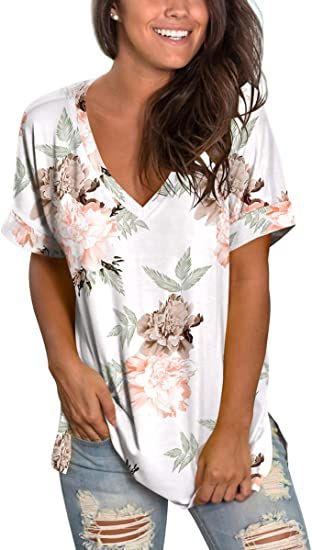 SAMPEEL Womens Summer Floral Tops V Neck Shirts Casual Rolled Sleeve T Shirt Side Split Tunic Top | Amazon (US)