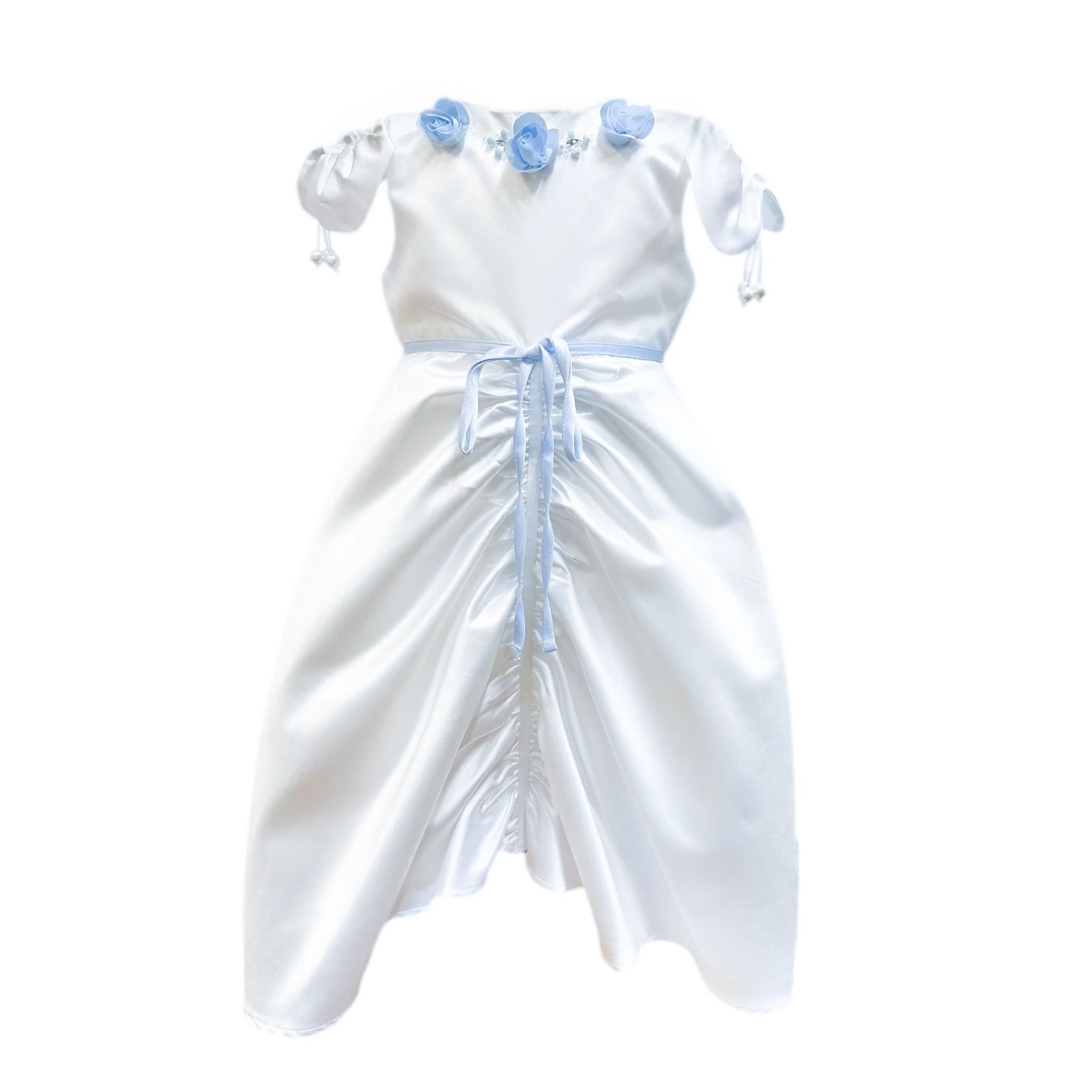 Daphne White Satin Dress with Blue Embroidery | petite maison kids