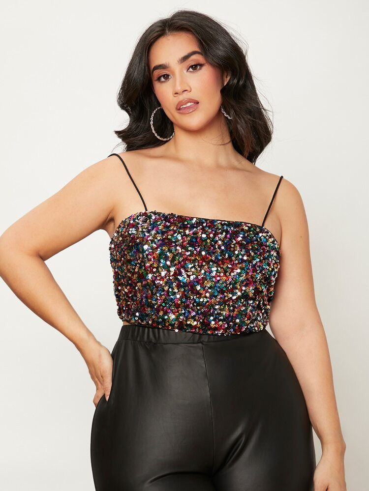 SHEIN BAE Plus Zip Back Crop Sequin Cami Top | SHEIN
