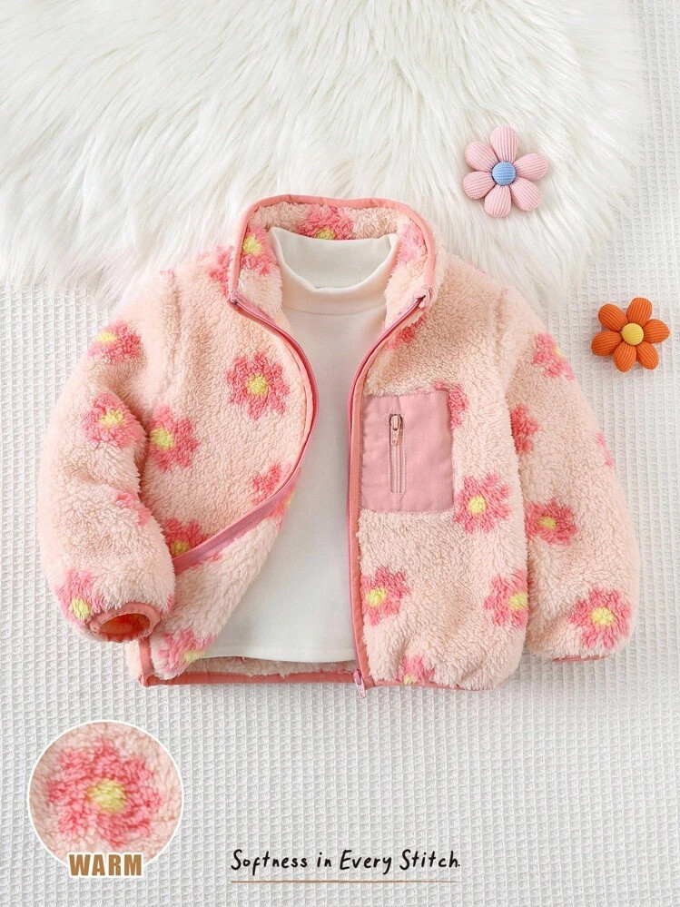 Cozy Pixies Baby Girl Floral Print Thicken Thermal Lined Stand Collar Long Sleeve Cardigan Baby G... | SHEIN