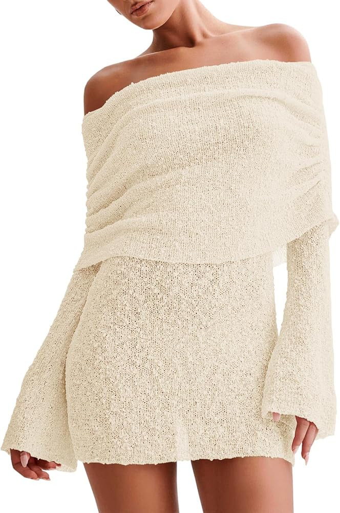 Imily Bela Womens Beach Swimsuit Cover Ups Summer Off The Shoulder Long Bell Sleeve Sheer Mini Dr... | Amazon (US)