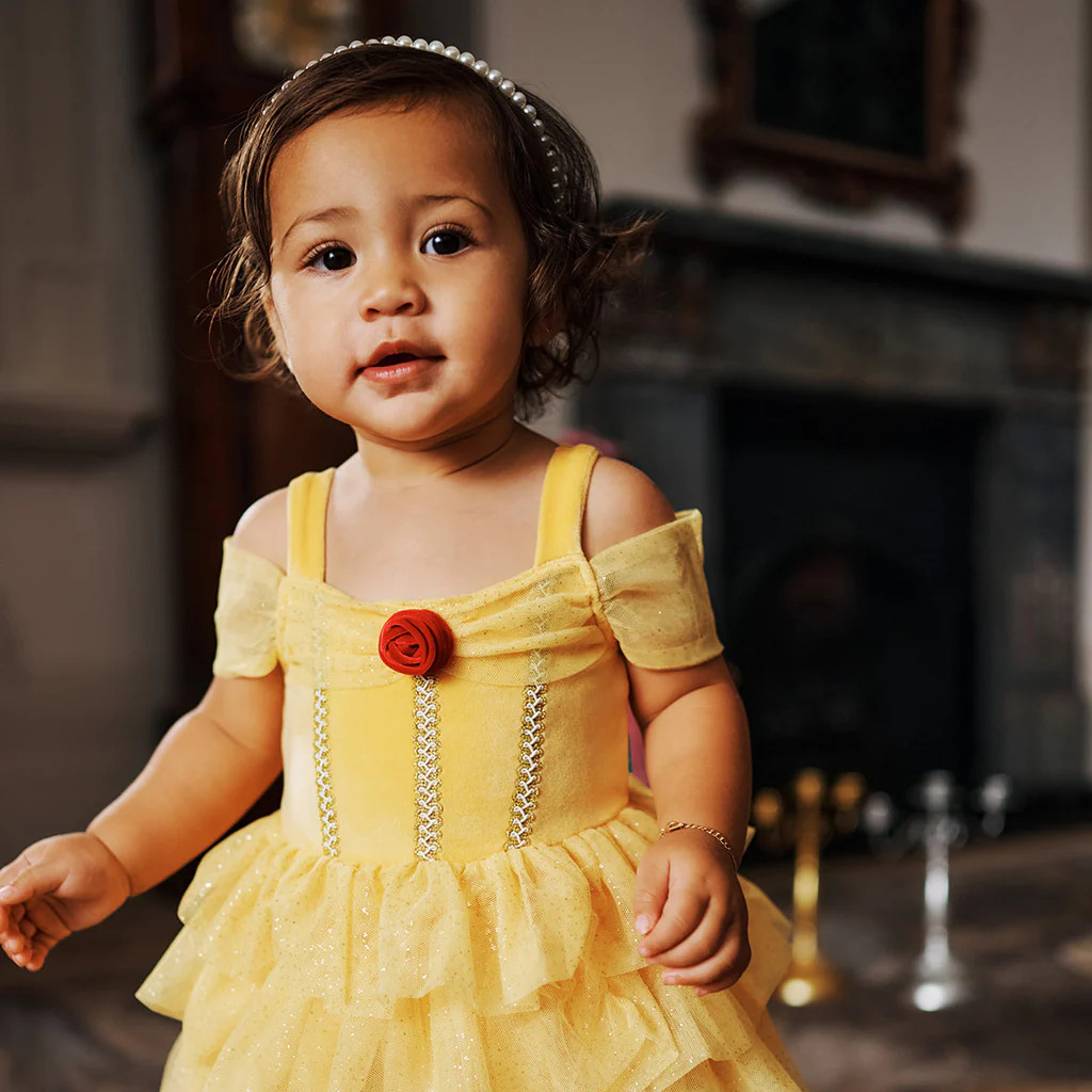 Princess Yellow Off-the-shoulder Disney Belle Velour Bodysuit Dress | Posh Peanut® | Posh Peanut