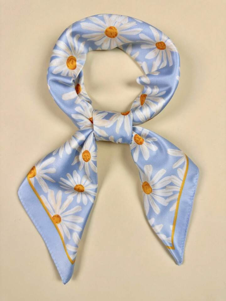 1PC Ladies Daisy Florals Print Square Scarf Elegant Blue Neckerchief Bandana Women Satin Head Scarf Hair Accessories Bandana,Hair Band,Head Band Ideal For Dressing Up Your Look Valentine's Day Valentines | SHEIN
