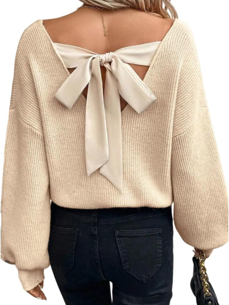 Melliflo Women's Open Back Bow Tie Knit Sweater Ribbed Puff Long Sleeve V Neck Drop Shoulder Swea... | Amazon (US)