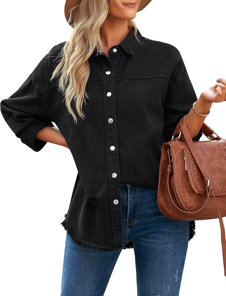 LookbookStore Womens Denim Jacket Oversized Button Down Shirts Jean Shacket Distressed Frayed Coa... | Amazon (US)