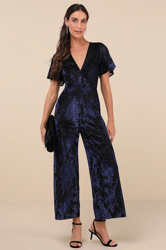 Poised Excellence Black and Blue Velvet Burnout Jumpsuit | Lulus