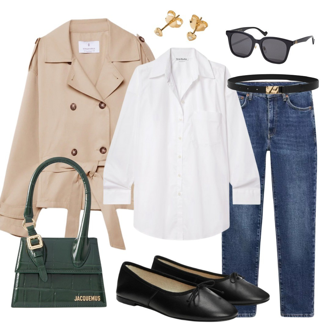Short trenchcoat, cropped trenchcoat, denim look, jeans styling, ballet flats, ballerinas, white shirt styling, leather belt, earrings, Mango, Jacquemus

#LTKstyletip #LTKworkwear #LTKshoecrush