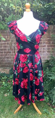 BNWT Lady Vintage Dress, Fit & Flare, Black With Large Red Roses, Swing - UK 12  | eBay | eBay UK