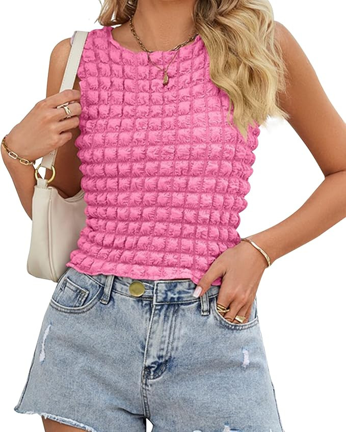 MISSACTIVER Women's Summer Popcorn Bubble Crop Tank Top Sleeveless Round Neck Slim Fit Textured G... | Amazon (US)