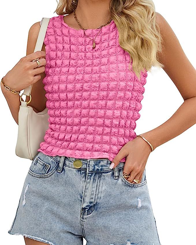 MISSACTIVER Women's Summer Popcorn Bubble Crop Tank Top Sleeveless Round Neck Slim Fit Textured G... | Amazon (US)
