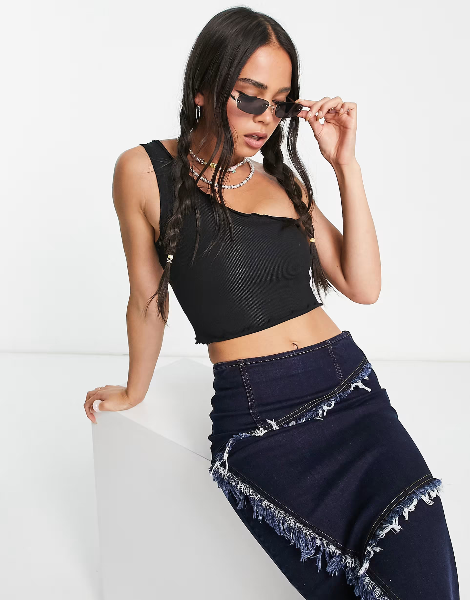 COLLUSION lettuce edge one shoulder top in black | ASOS (Global)