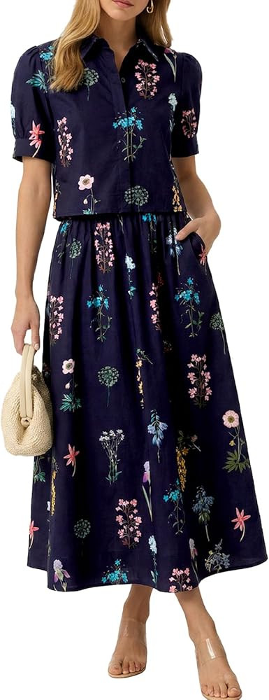 Tankaneo Womens 2 Piece Floral Skirt Sets Puff Sleeve Blouse and Elastic Waist Matching Set Vacat... | Amazon (US)