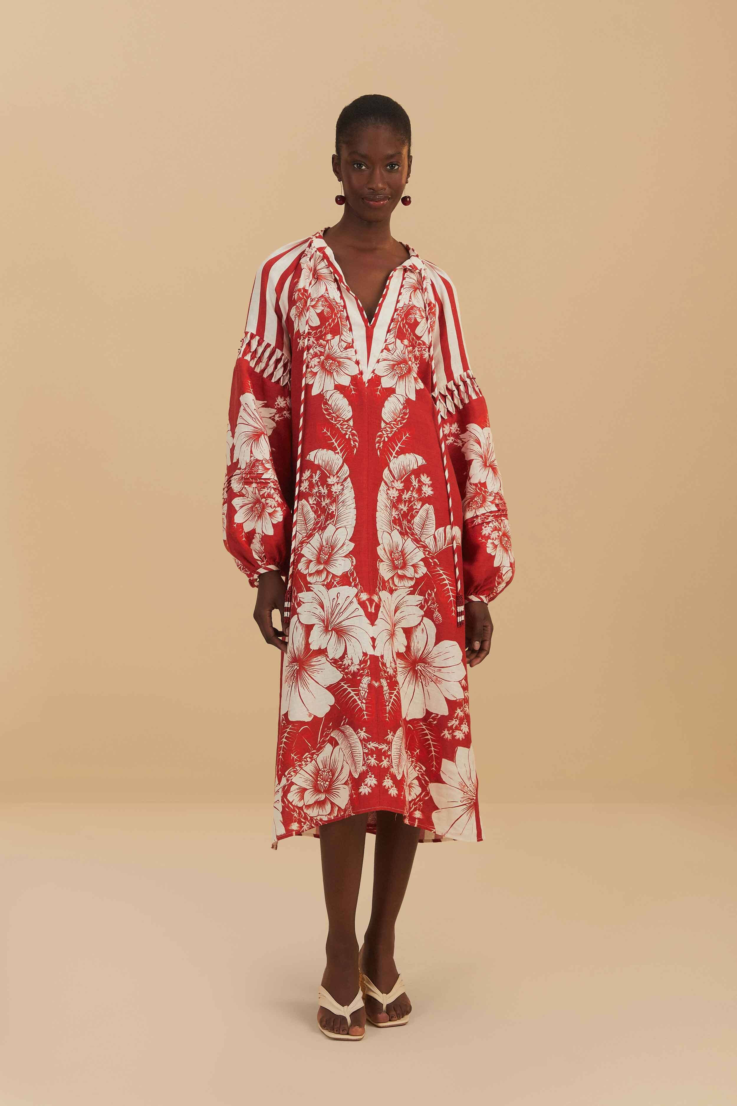 Red Floral Chains Stripes Midi Dress | FarmRio (US)