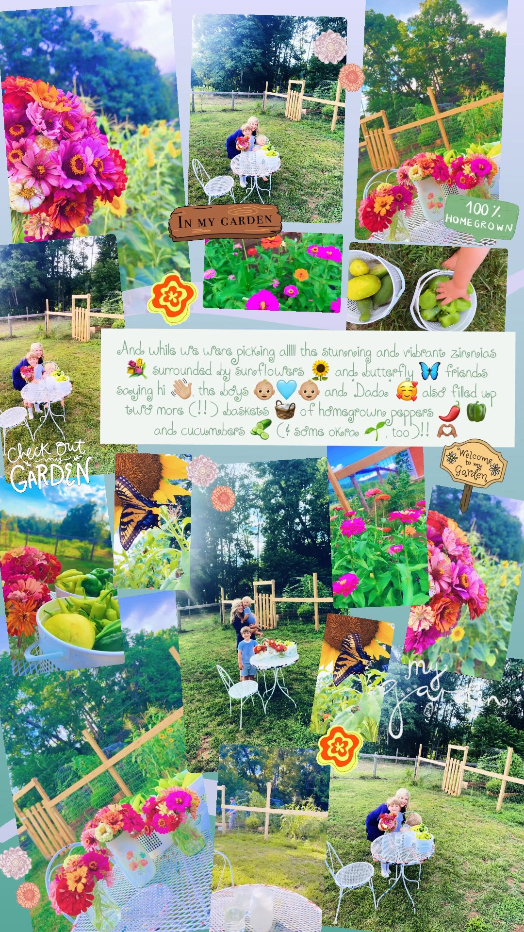 And while we were picking alllll the stunning and vibrant zinnias 💐 surrounded by sunflowers 🌻 and butterfly 🦋 friends saying hi 👋🏼, the boys 👶🏼🩵👶🏼 and “Dada” 🥰 also filled up two more (!!) baskets 🧺 of homegrown peppers 🌶️ 🫑 and cucumbers 🥒 (& some okra 🌱, too)!! 🫶🏽