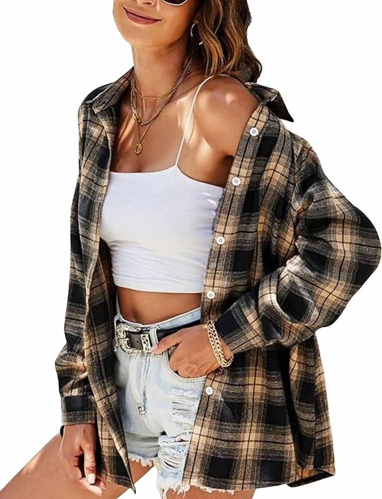Womens Casual Oversized Flannel Plaid Button Down Long Sleeve Shirts Fashion Blouse Tops with Poc... | Amazon (US)