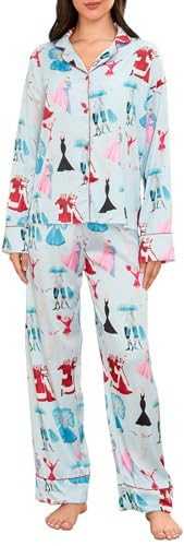 Yiulangde Womens Cute Satin Christmas Pajamas Silk 2 Piece Holiday Nutcracker Pjs Long Sleeve Button Down Shirt Pj Pants Sets Blue | Amazon (US)