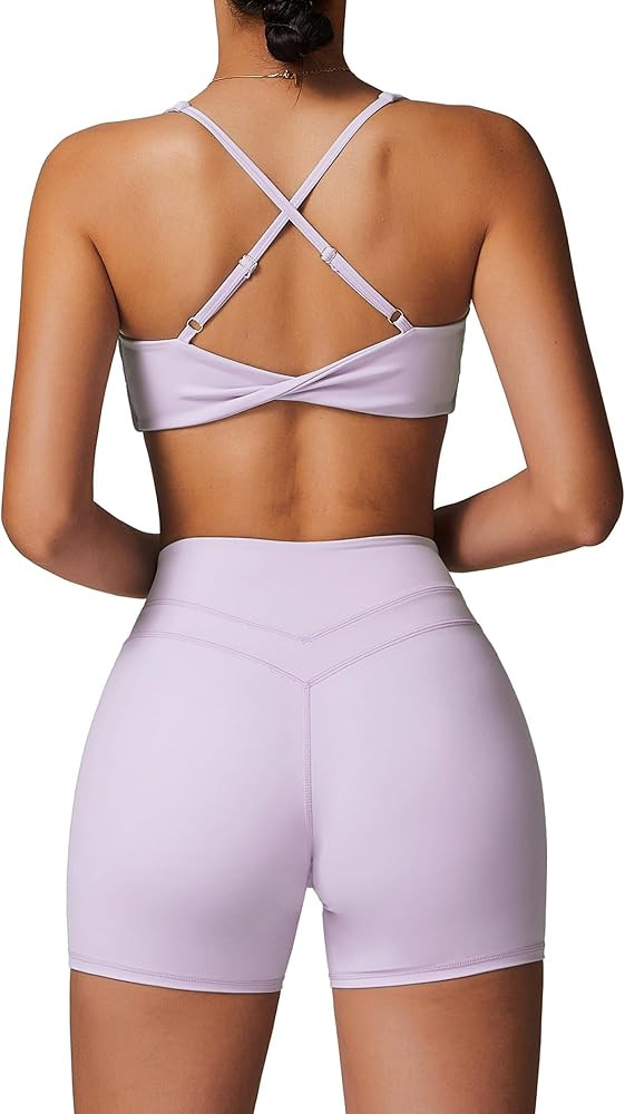 ABOCIW Workout Sets for Women 2 Piece V Neck Twist Back Sports Bra High Waist Biker Shorts Yoga O... | Amazon (US)