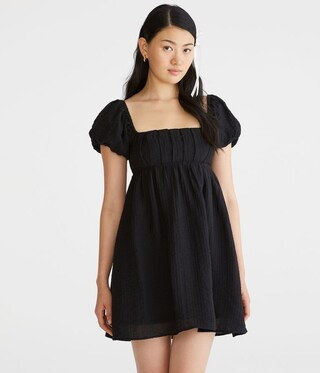 Solid Square-Neck Pleated Babydoll Dress | Aeropostale
