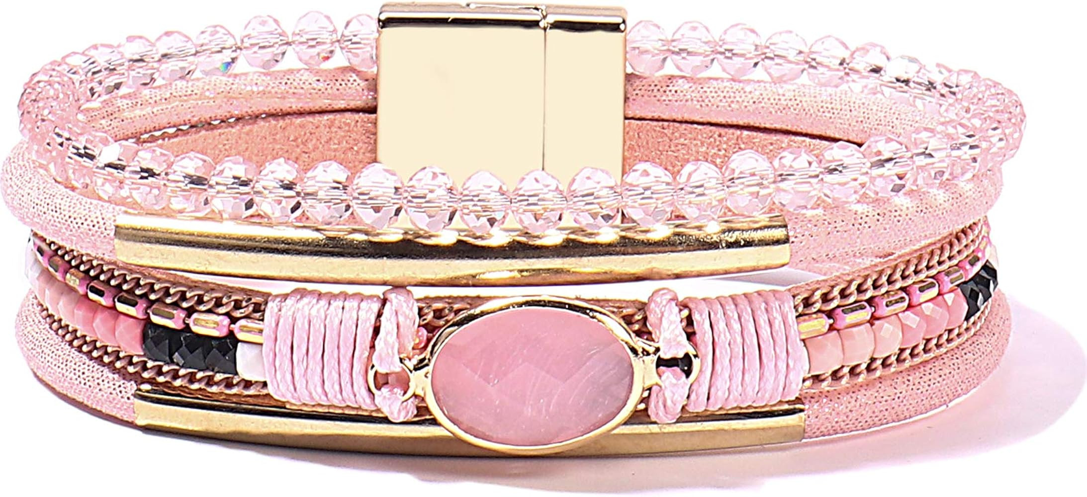 FANCY SHINY Leather Wrap Bracelets Crystal Beads Bracelet Boho Cuff Stone Charm Bracelets with Cl... | Amazon (US)