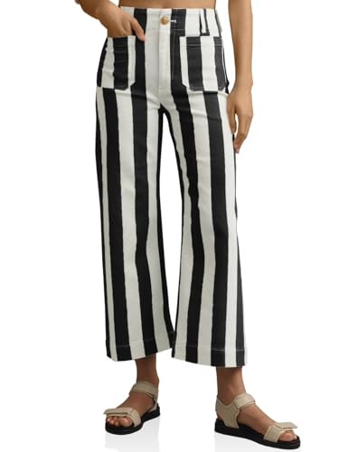 Tankaneo Womens Cropped Striped Jeans Casual High Waisted Stretchy Straight Leg Denim Pants with Pockets Black | Amazon (US)