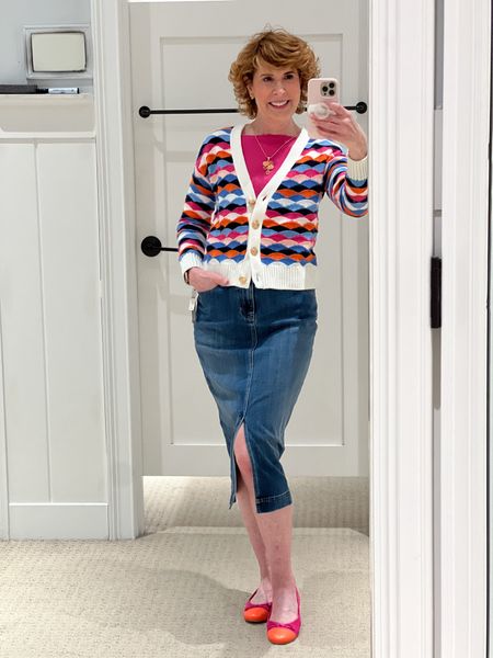 V-neck scallop stripe cardigan. Paired with cute denim midi skirt and fun flats ❤️🧡🩷

#LTKstyletip #LTKover40 #LTKSeasonal
