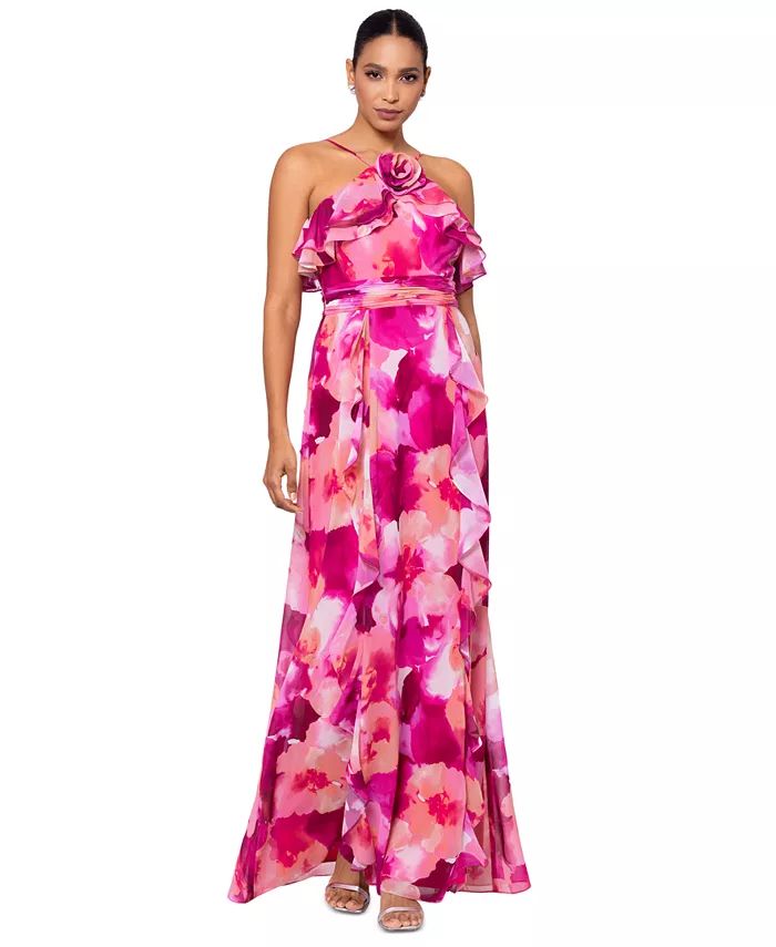 XSCAPE Women's Floral-Print Rosette Halter Gown - Macy's | Macy's