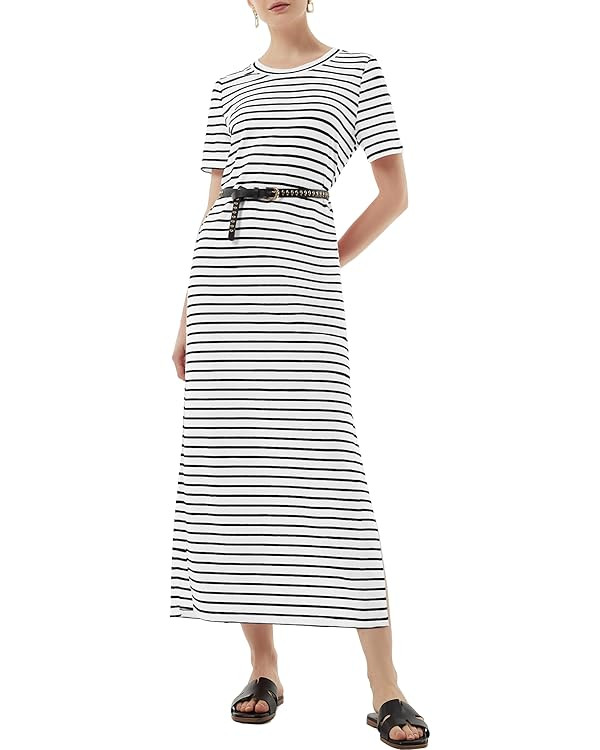 Women's Short Sleeve Double Split Maxi Dress 2025 Summer Casual Plain Striped Loose Long T Shirt ... | Amazon (US)