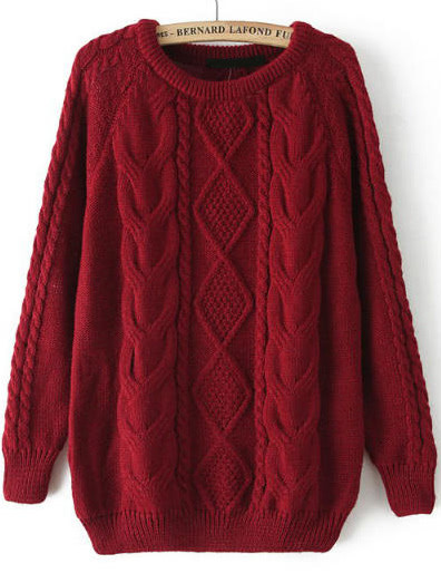 Red Long Sleeve Cable Knit Loose Sweater | SHEIN