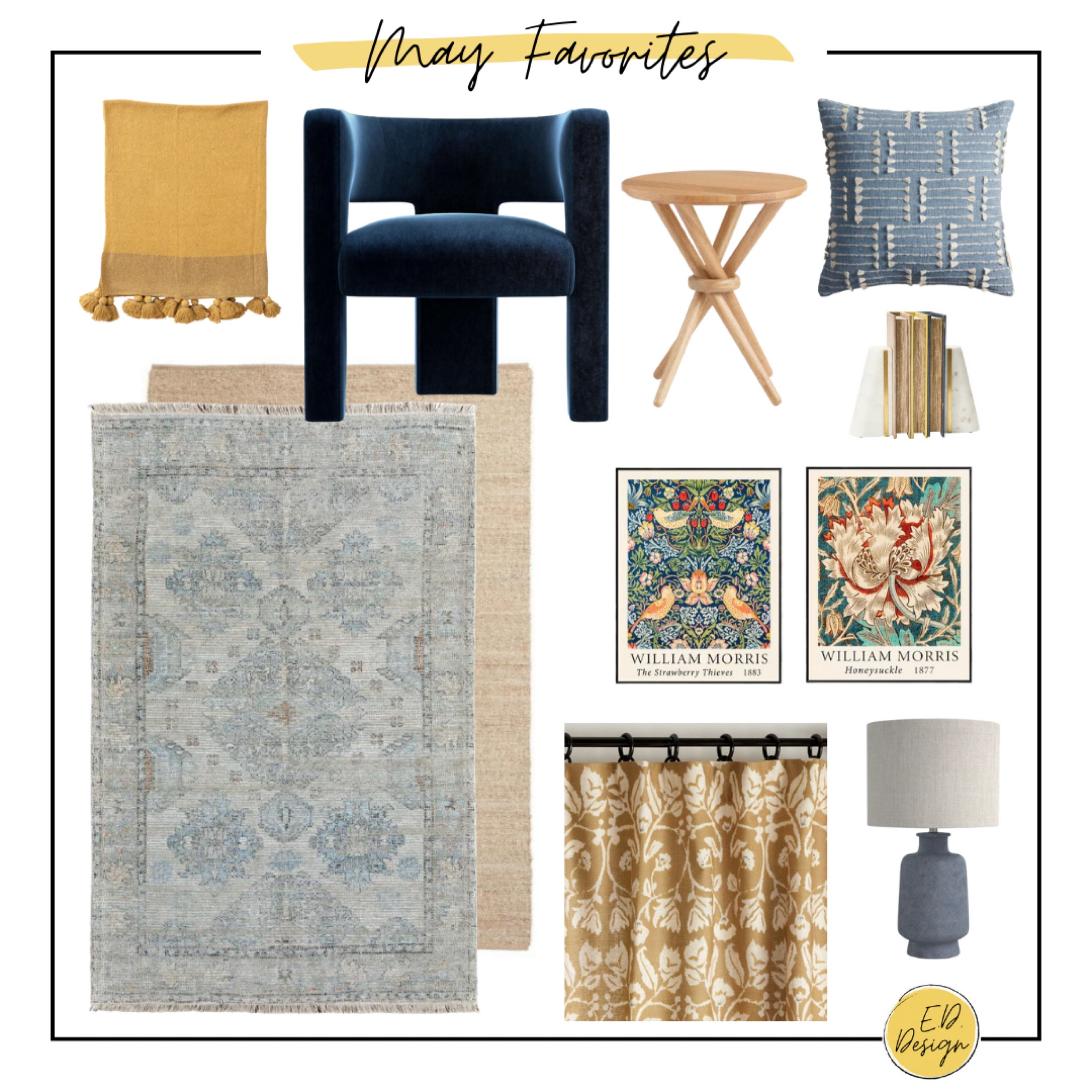 Friday finds, may favorites, yellow and blue, spring decor, floral curtains, blue velvet chair, blue lamp, wood table, sisal 

#LTKhome