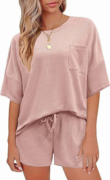 Andeip Pajamas Womens Waffle Knit Lounge Set Short Sleeve Top and Shorts 2 Piece Loungewear Outfi... | Amazon (US)