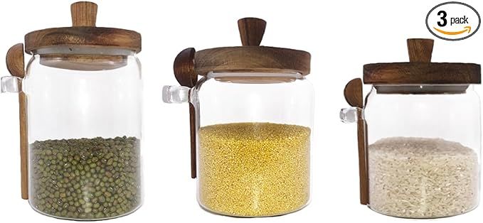 Piscepio Glass Jars with Wooden Lids and Spoons set of 3,Clear Glass Coffee Containers with Scoop... | Amazon (US)