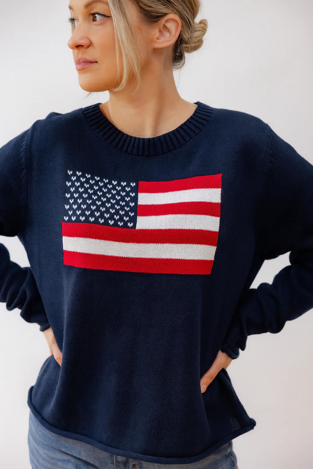 CAROLYN Classic American Flag Navy Sweater | Pearls & Camo