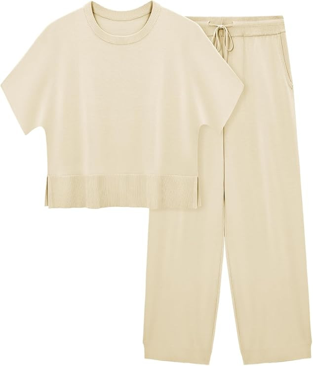 Fisoew Womens 2 Piece Outfits Sweater Sets Knit Split Crop Tops High Waisted Pants Lounge Set | Amazon (US)