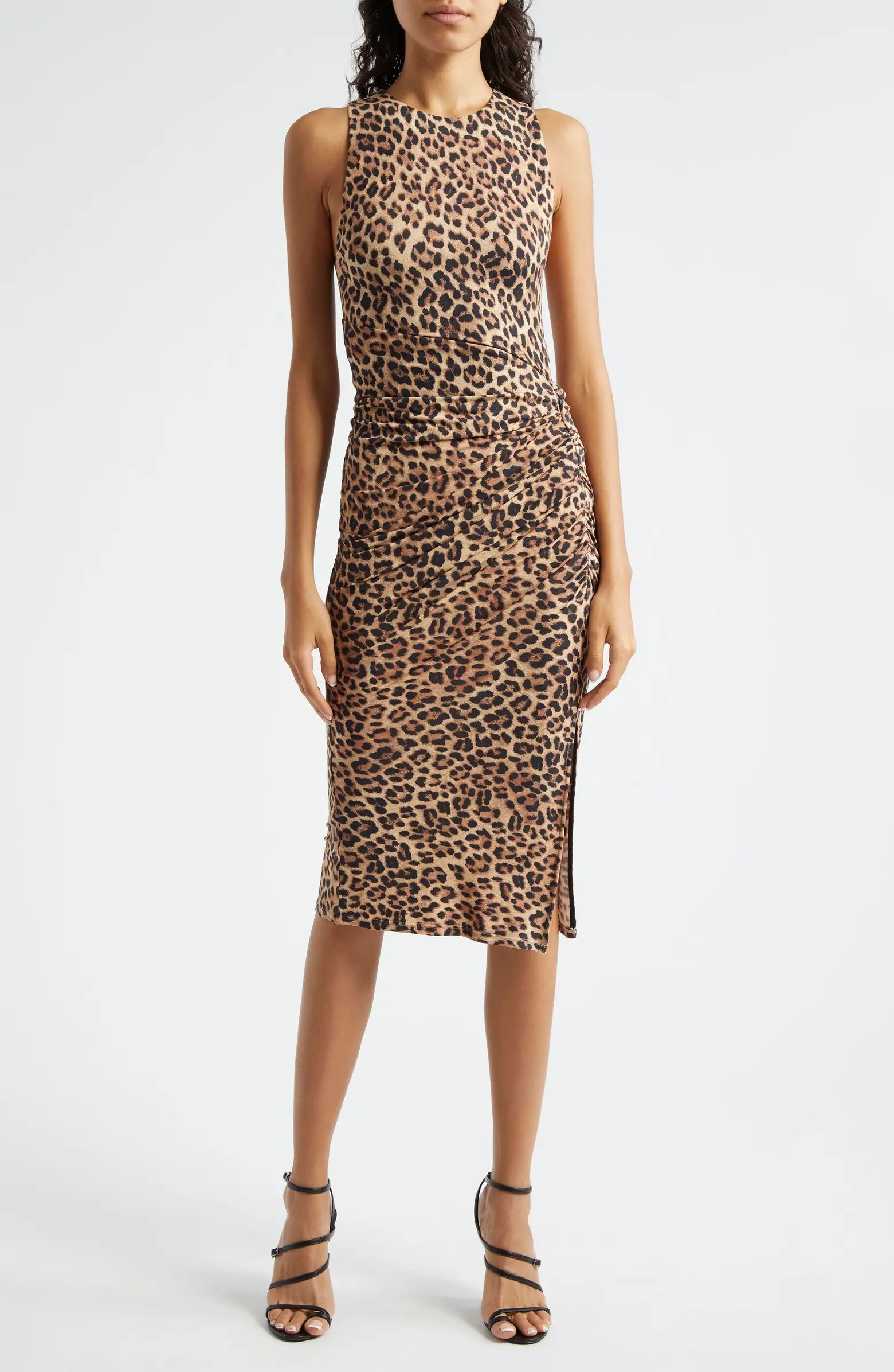 Alice + Olivia Mardell Leopard Print Side Ruched Midi Dress | Nordstrom | Nordstrom