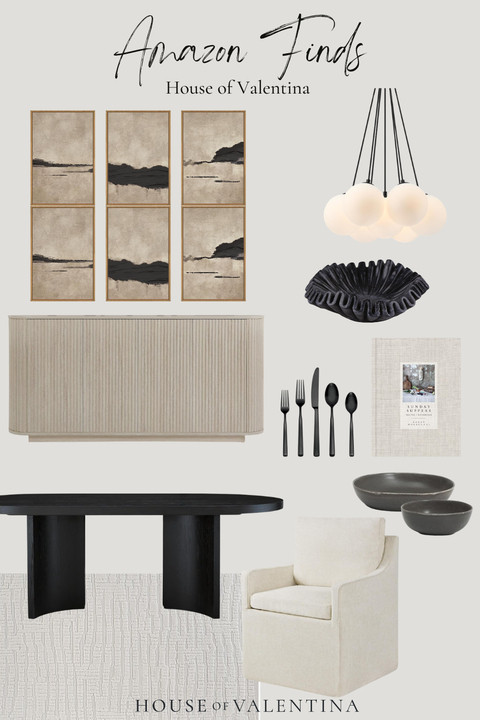 It's true... every meal tastes better in a pretty space!!! I love creating dining rooms that feel warm, layered, and inviting with soft neutrals, sculptural lighting, organic textures, and timeless pieces that make everyday moments feel a little more special.

From the oversized artwork to the cozy upholstered seating and moody black accents, every detail adds warmth and balance while still feeling effortless and livable. To me, the best spaces are the ones that make you want to slow down, gather around the table, and stay a little longer. 

 #LTKSeasonal #LTKHome #LTKSaleAlert