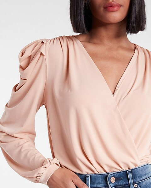 Draped V-neck Long Sleeve Thong Bodysuit | Express