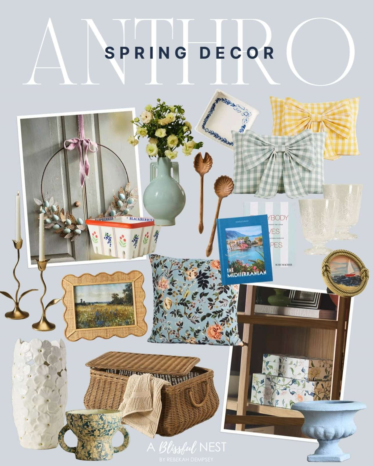Anthro spring decor is full of the prettiest colors and charming details this season. Shop the look.

decorative books, patterned papier mache vase, woven lidded wicker basket, printed floral pillow, trinket dishes, coiled rattan tray, stoneware urn planter, robin’s egg laurel wreath, kai rope frame, flora ceramic vase, printed fabric covered boxes, daphne ceramic vase, gingham printed bow pillow, tulip candle holder, berry basket, acrylic goblets, wood palm serving set, bamboo scallop frame, table lamp with shaped shade. 

 #LTKSeasonal #LTKHome