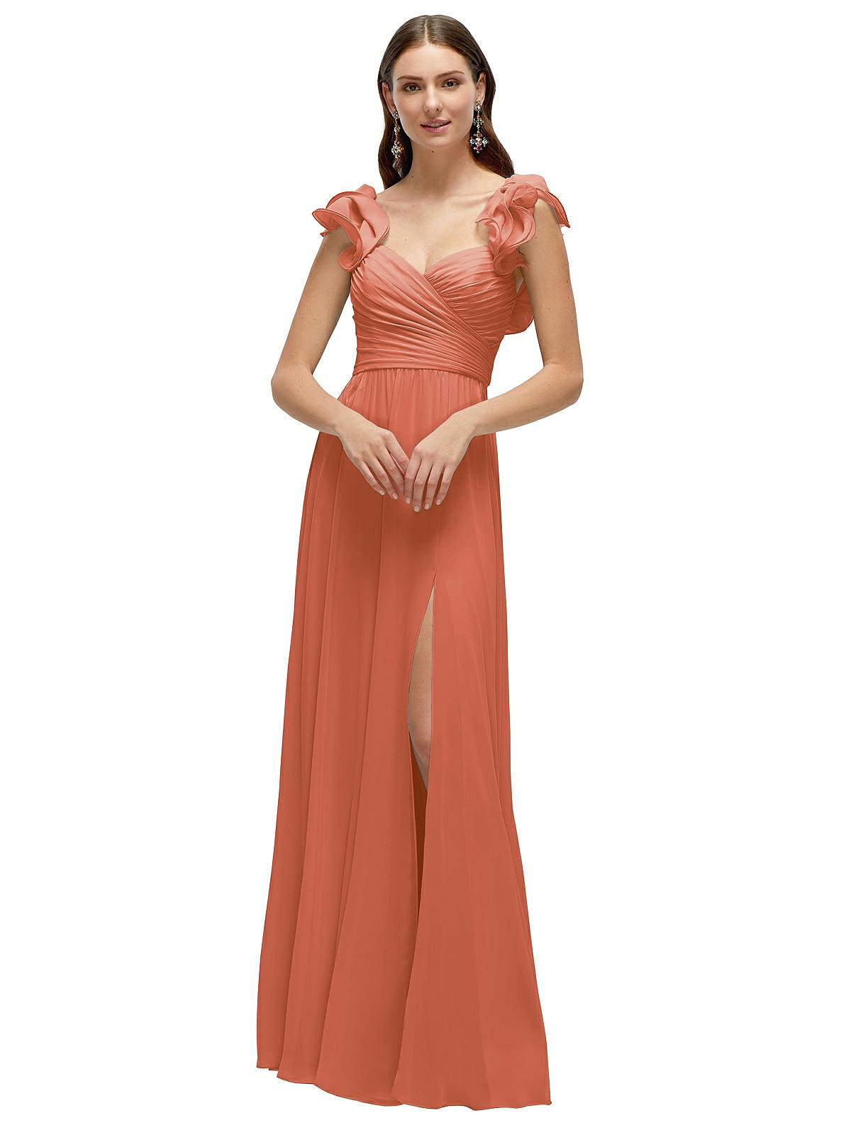 Dramatic Ruffle Edge Strap Chiffon Maxi Dress in Terracotta Copper | Dessy Group