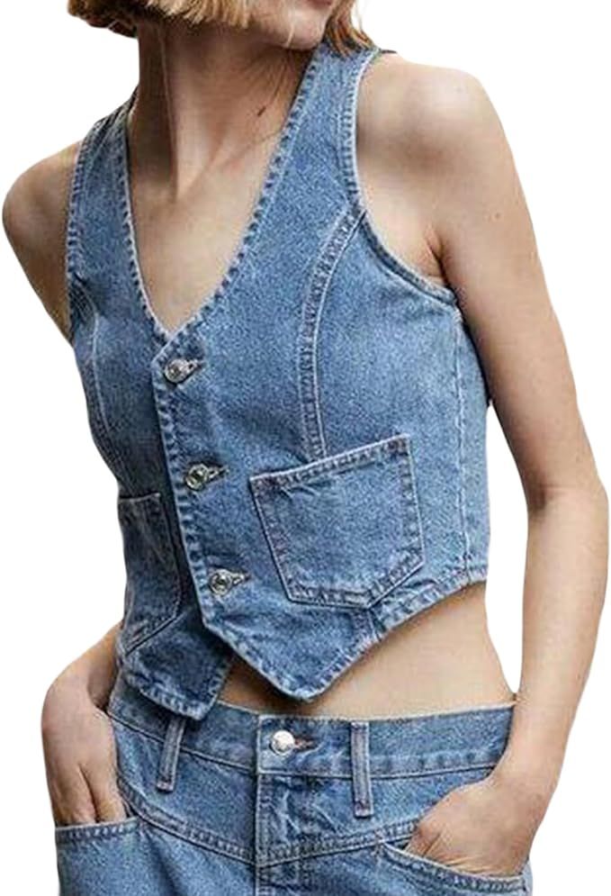 Women Denim Vest Sleeveless Crop Tops Button Denim Gilet Jacket Casual V Neck Jean Waistcoat Y2K ... | Amazon (US)