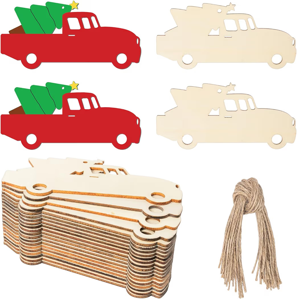 Tree car Shape Unfinished Wood Truck Blank Wood Pieces Wooden with Twines Art Ornaments for Chris... | Amazon (US)