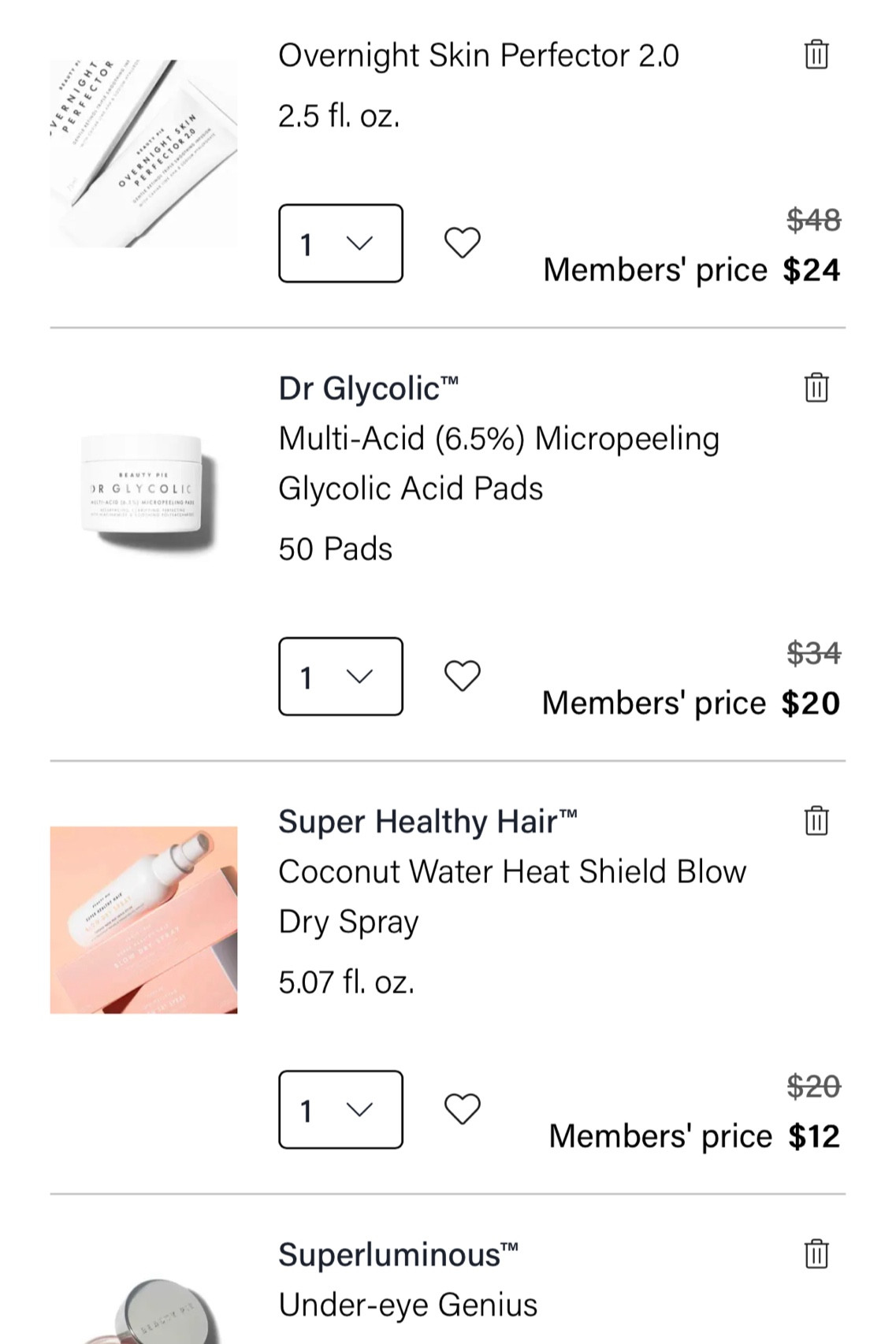 I’ve been a member of BeautyPie for 4+ years, and I’m sharing the products Im constantly restocking. Their quality is excellent and you can’t beat the pricing.

1. The overnight skin perfector is a miracle worker. I use 1-3x a week. Every other night while traveling. 

2. The Glycolic pads- my husband and I both use these daily. Priced much better than the orange brand. 

3. The Coconut water heat shield spray- I use to revive my hair style between washes. Has been my go-to since I’ve been letting my hair air dry.

4. Best under eye concealer I’ve used. 

5. Their hyaluronic acid serum is 💯