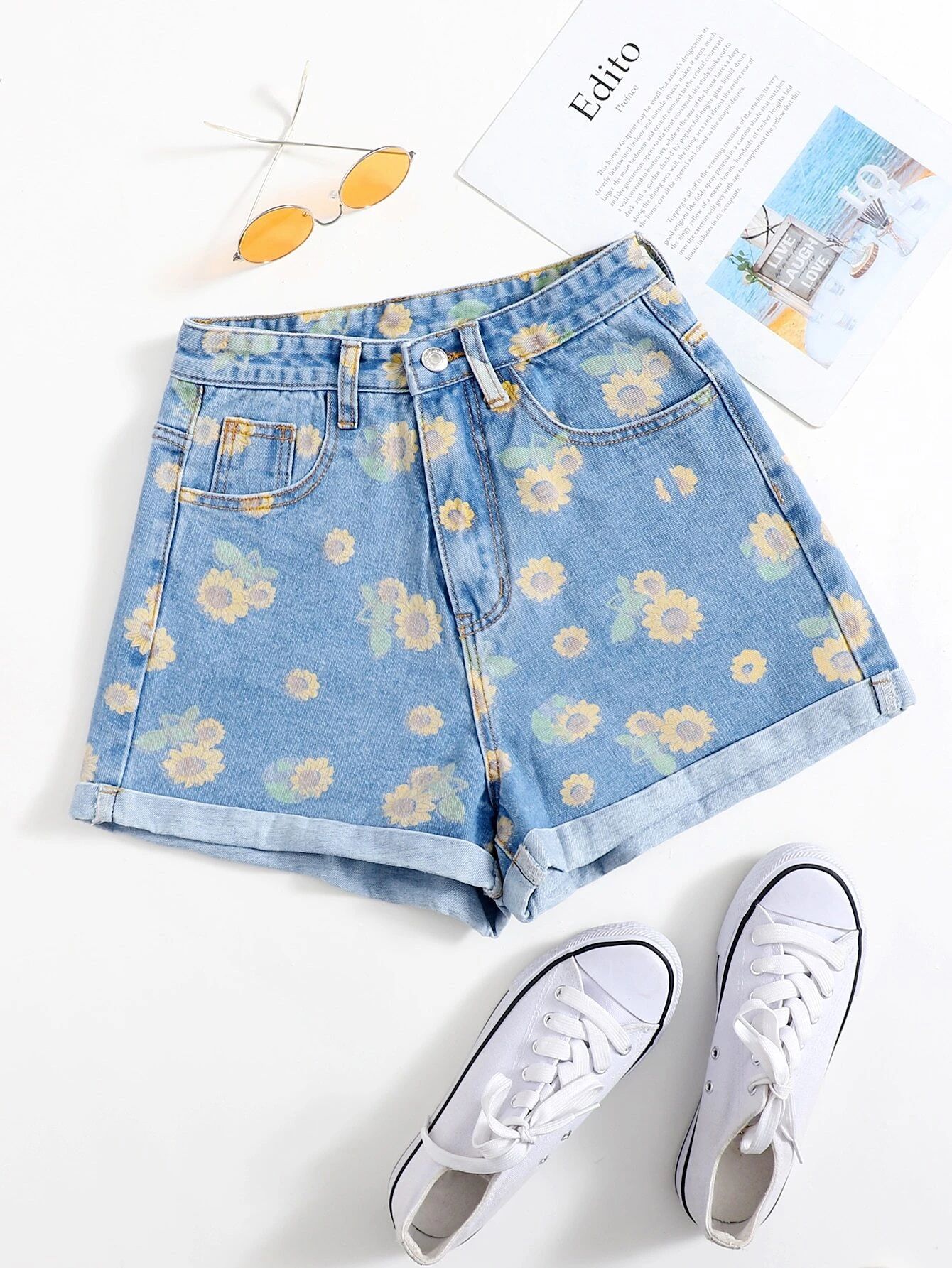 Sunflower Print Rolled Cuff Denim Shorts | ROMWE